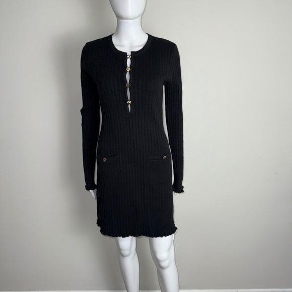 Commense Knit Mini‎ Dress Gold Button Ribbed Long Sleeve Bodycon Cocktail Size M - Picture 10 of 14